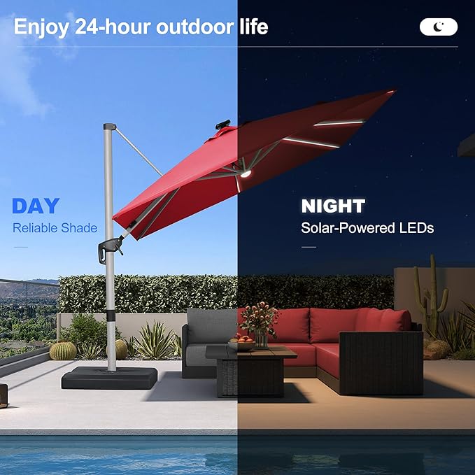 PURPLE LEAF 10 Feet Patio Umbrella with Lights Outdoor Square Cantilever Umbrella Solar Powered LED with 360-degree Rotation for Garden Deck Pool Patio, Terra