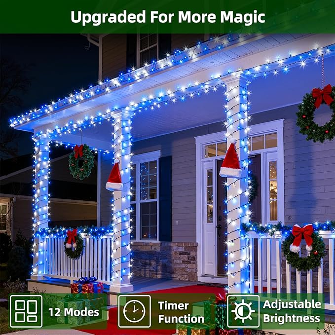 300LED Christmas Lights Outdoor Indoor Use, 12 Lighting Modes 75ft Christmas Tree Lights with Timer, Dimmable Blue Cool White LED StringLights Waterproof for Yard Wedding Party Holiday Blue&CoolWhite