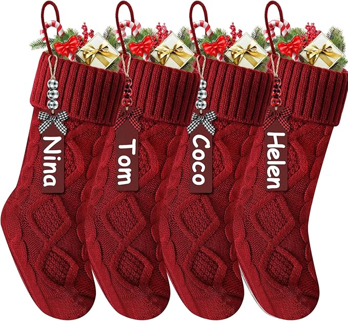 Christmas Stockings 18 Inches,Long Knitted Stocking with Name Tags, Christmas Decoration Hanging Stockings Fireplace Xmas Tree Ornaments for Home Family