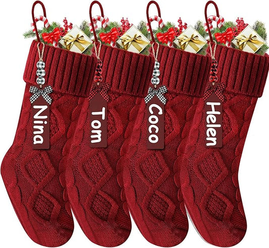 Christmas Stockings 18 Inches,Long Knitted Stocking with Name Tags, Christmas Decoration Hanging Stockings Fireplace Xmas Tree Ornaments for Home Family