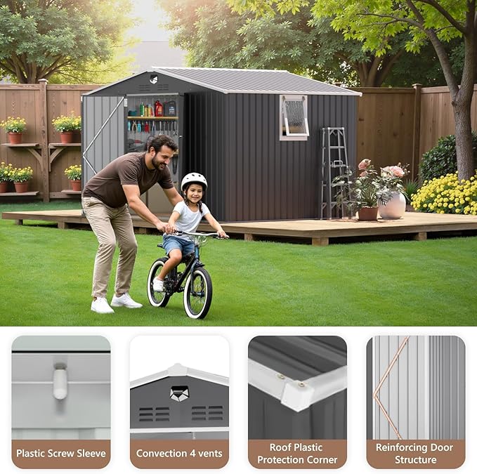 10x8 FT Outdoor Storage Shed, Metal Garden Shed - Tool Storage Sheds with Lockable Doors & 1 Vented Clear Window, Waterproof Outside Storage Building for Backyard, Patio (Black; Floor Not Included)