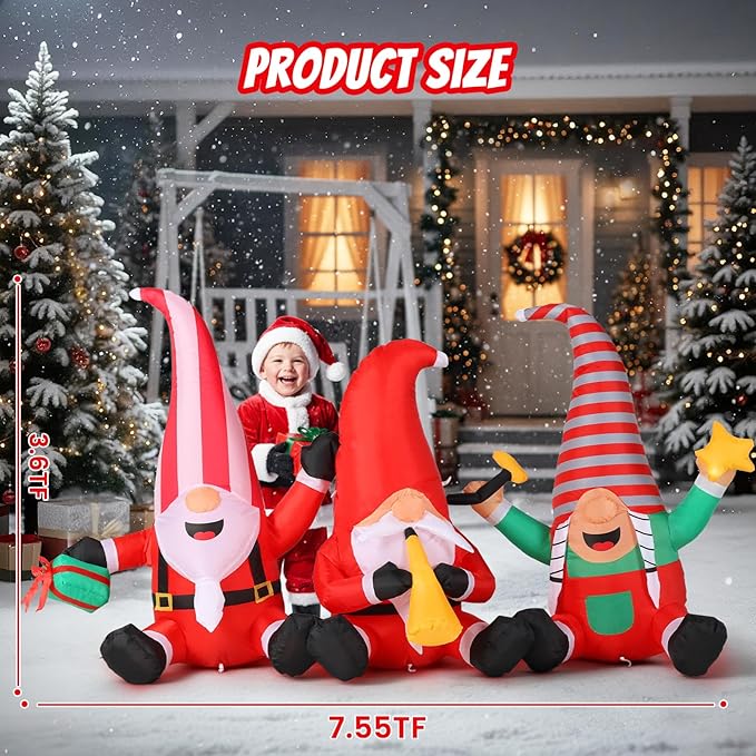 Christmas Decorations Inflatables Outdoor, 7.55FT Long Gnome Xmas Blow Up Built-in LED Lights with Trumpets, Stars and Gift Box Holiday Decor for Garden Lawn Yard Patio Bistro Indoor