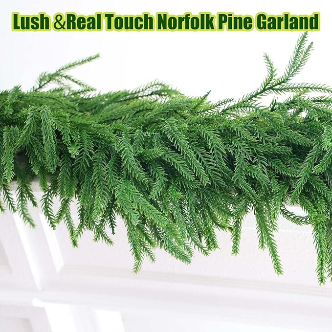 6FT Christmas Norfolk Pine Garland, Greenery Real Touch Decorations for Mantle Table Staircase Stair Railing Fireplace Mantel Porch Banister Holiday Home Winter Faux Xmas Indoor Outdoor Decor