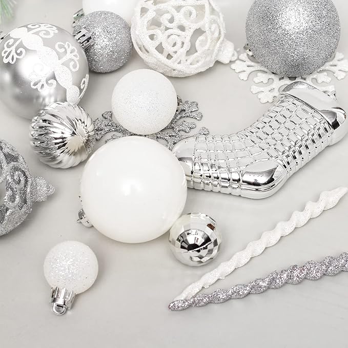 Christmas Tree Ornament Set - 132pcs Silver Ball Decoration, Shatterproof Hanging Ornaments, Large and Small Assortment for Holiday Party Decor