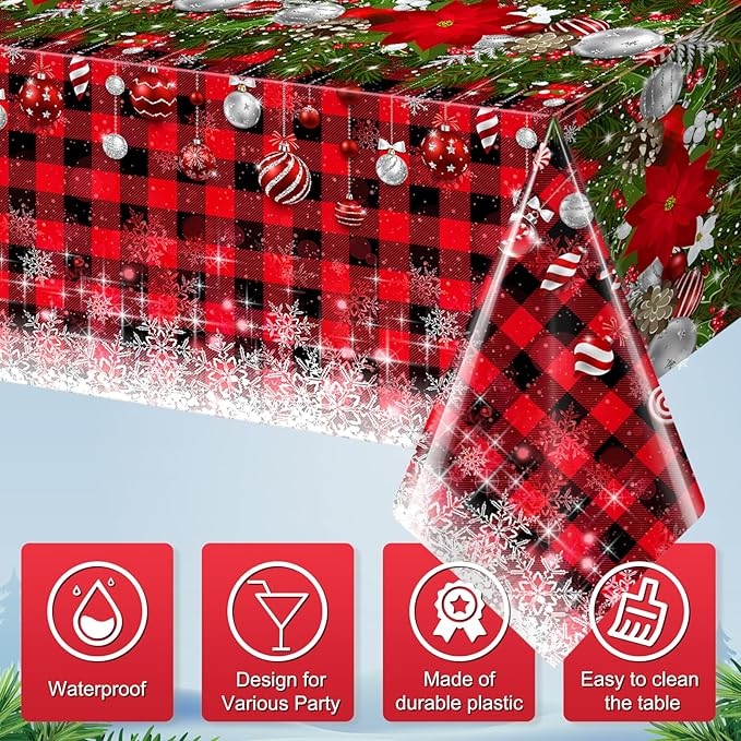 3Pcs Christmas Buffalo Plaid Snowflake Tablecloths,Plastic Red and Black Checkered Rectangle Christmas Tree Color Ball Table Cover for Winter Xmas New Year Holiday Party Decorations,54x108 inch