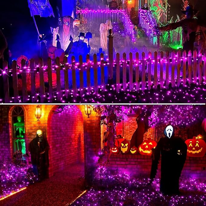 Upgrade 4 Pack Solar Christmas Lights Outdoor Waterproof 500 LED Solar String Lights with 19 Modes, Christmas Decoration Outdoor Waterproof Solar for Outside Tree Yard Party Purple