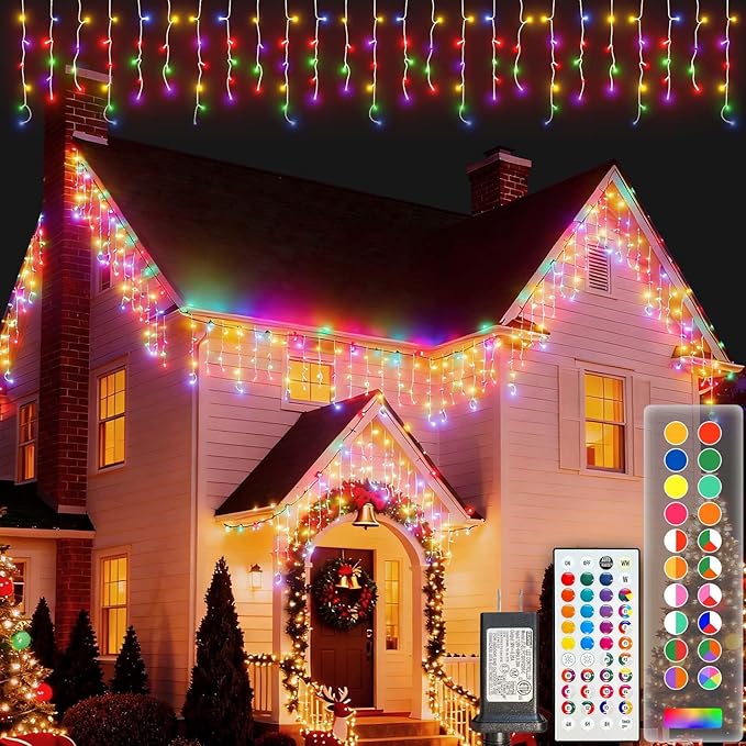 LitHome Color Changing Icicle Lights for Outside, 35 Colors Christmas Icicle Lights Outdoor with Remote Plug in, 240 LED 38FT RGB Icicle Christmas Light Indoor Connectable for Holiday Roof Home Decor