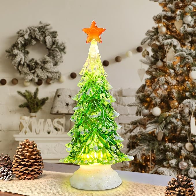 Small Christmas Tree Green Acrylic Tree with Timer 8 Inch Tabletop Christmas Tree with LED Lights Vintage Christmas Decoration Battery Operated Mini Green