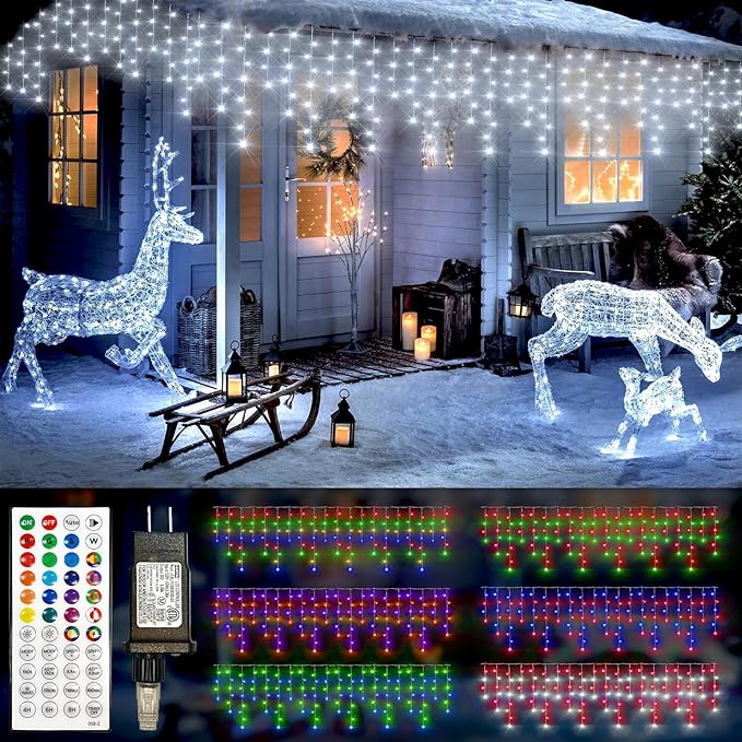 49FT 128 Functions Christmas Icicle Lights Outdoor with 504 LED 8 Modes and Timer Curtain Lights Outside for Garden Holiday Gatherings Indoor Outdoor Decorations