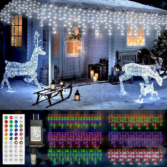 49FT 128 Functions Christmas Icicle Lights Outdoor with 504 LED 8 Modes and Timer Curtain Lights Outside for Garden Holiday Gatherings Indoor Outdoor Decorations