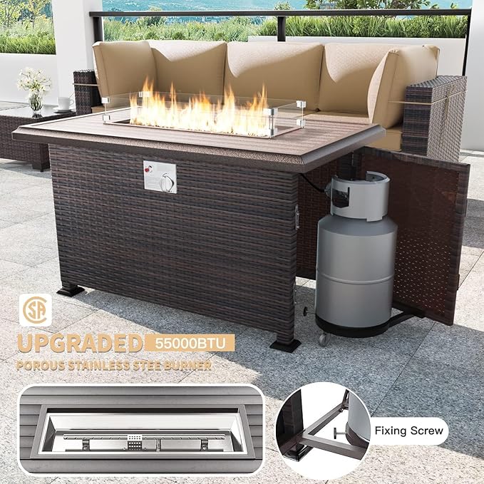 Kullavik 10 Pieces Outdoor Patio Furniture Set with 43" Gas Propane Fire Pit Table PE Wicker Rattan Sectional Sofa Patio Conversation Sets,Sand