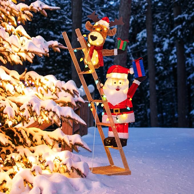Tangkula 5.5 FT Lighted Reindeer & Santa Claus on Ladder, 3D Pre-Lit Indoor Outdoor Christmas Decoration with 100 LED Lights, Zip Ties and Ground Stakes, Xmas Holiday Decoration for Home Yard Porch