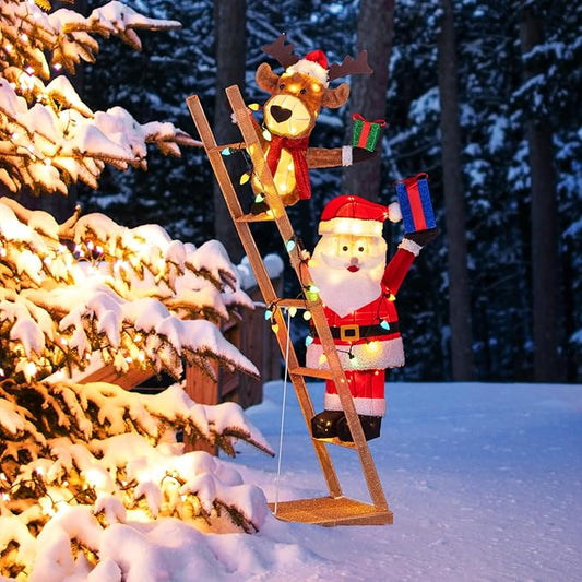 Tangkula 5.5 FT Lighted Reindeer & Santa Claus on Ladder, 3D Pre-Lit Indoor Outdoor Christmas Decoration with 100 LED Lights, Zip Ties and Ground Stakes, Xmas Holiday Decoration for Home Yard Porch