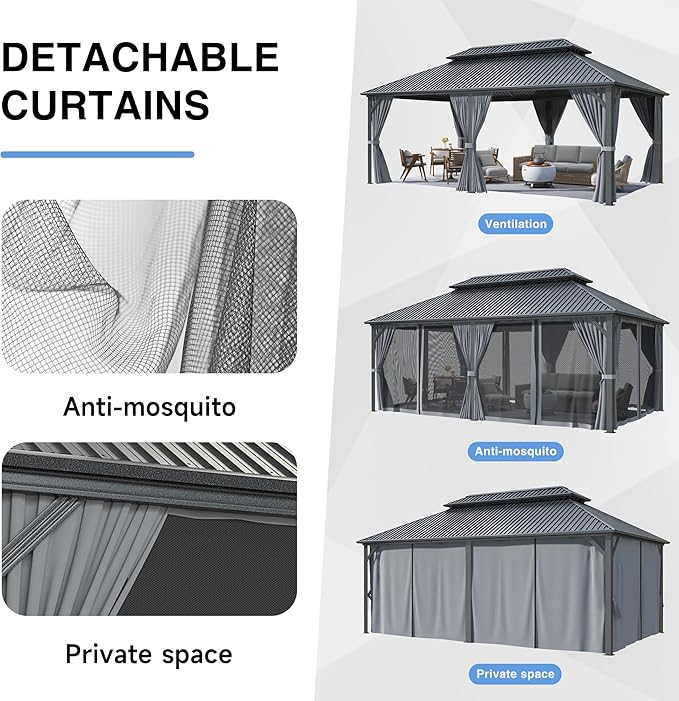 12x20 FT Gazebo Hardtop Gazebo, Aluminum Pergola with Double Galvanized Steel Roof, Curtains and Netting Included, Outdoor Gazebos Canopy for Patio, Backyard, Deck, Lawn,Grey