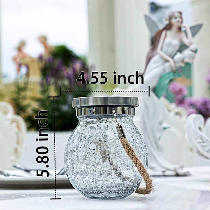 Cooo Christmas Gifts 6 Pack Heavy Crackle Glass Solar Lantern with 30 LED Firefly Lights– Waterproof Outdoor Hanging Lamp 215% Larger Solar Panel, Stainless Steel Lid Decorative Lighting for Garden