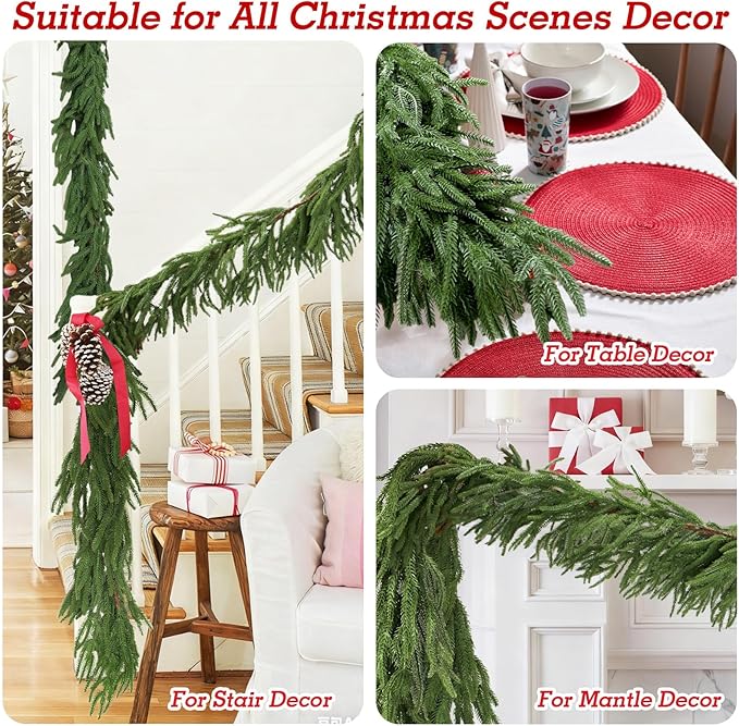 2 Pcs 6 Ft Artificial Norfolk Pine Garlands, Real Touch Christmas Pine Garland, Green Artificial Greenery Garland for Table, Mantle, Wall, Indoor, Outdoor Christmas Decorations