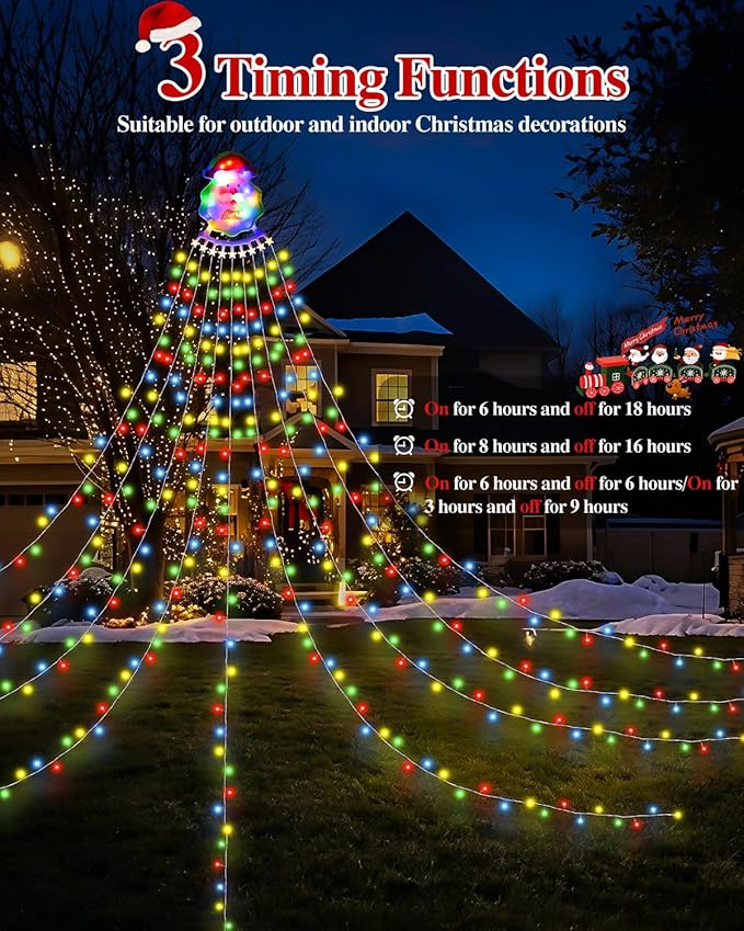 Christmas Decorations Outdoor String Lights - 335 LED 11.48ft 9 Strands Waterfall Tree Lights with Topper, 8 Lighting Modes Christmas Lights Indoor Decorative for Wedding Yard Party Home
