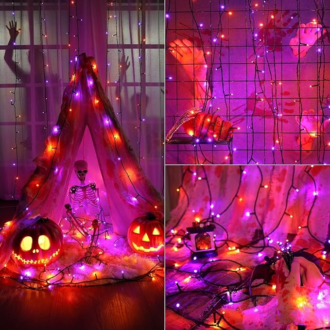 OZS Purple and Orange Solar Halloween Lights Outdoor, 2 Pack 240LED 95FT Solar String Lights Waterproof with 8 Modes & Auto On/Off for Tree Party Halloween Decorations