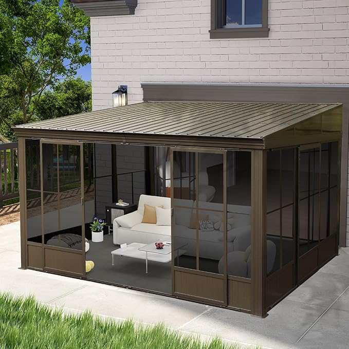 10'x12' Sunroom Wall Mounted, All Season Lean to Solarium with Metal Roof (Galvanized Steel), Aluminum Frame Outdoor Enclosed Gazebo with 2 Sliding Doors and PVC Windows for Patio, Deck, Garden