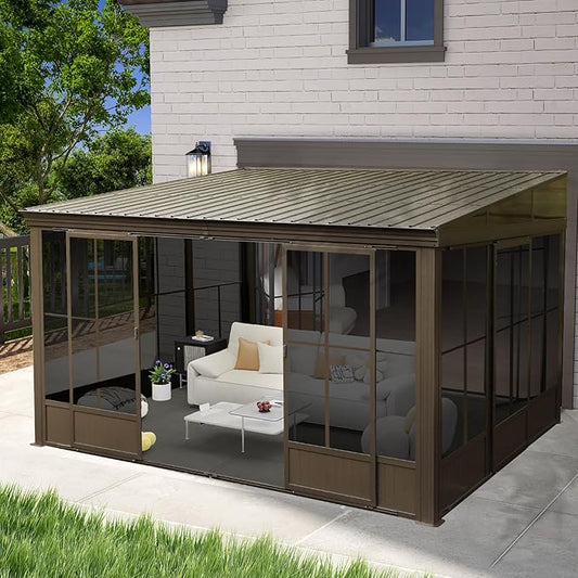 10'x12' Sunroom Wall Mounted, All Season Lean to Solarium with Metal Roof (Galvanized Steel), Aluminum Frame Outdoor Enclosed Gazebo with 2 Sliding Doors and PVC Windows for Patio, Deck, Garden