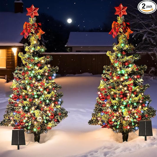 2-Pack 3.2FT Solar Christmas Tree Lights Outdoor Waterproof, 100LED 8 Lighting Modes Xmas Ball & Red Berry Outdoor Christmas Tree, Christmas Decorations Outdoor for Holiday Display Courtyard Decor