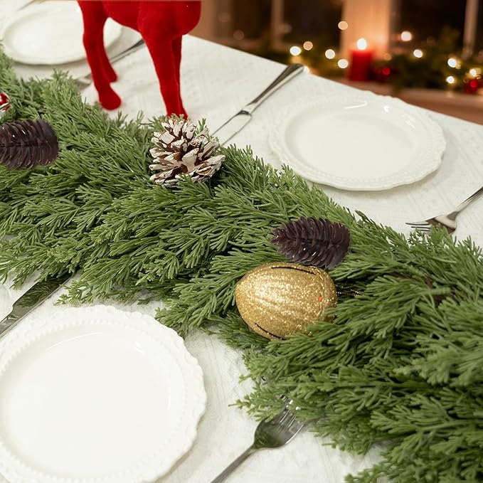 6FT Artificial Cedar Christmas Garland for Mantle Christmas Decorations Real Touch Realistic Greenery Faux Pine Garlands for Xmas Home Decoration Fake Winter Indoor Outdoor Garland Door Decor
