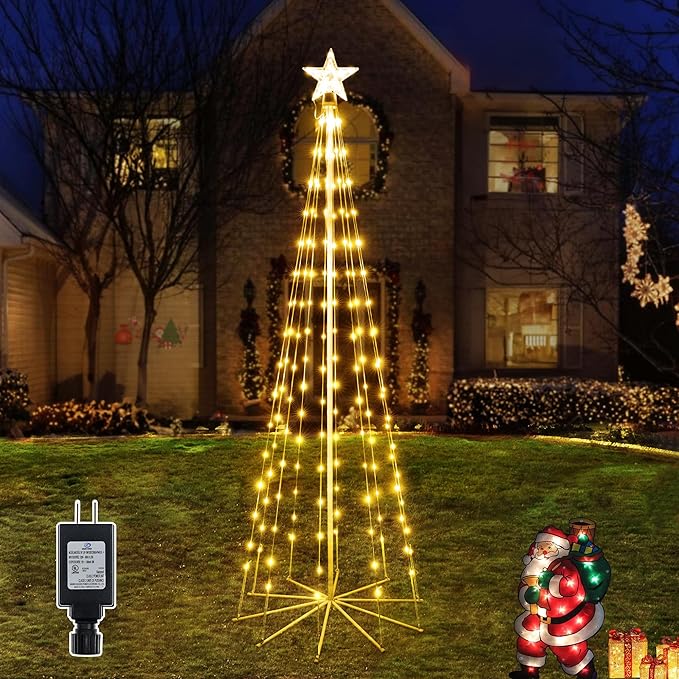 Ollny Christmas Tree Lights, 5FT 140 LED Warm White Outdoor String Lights 8 Modes Timer Function IP65 Waterproof Star Lights for Indoor Outside House Yard Xmas Decorations