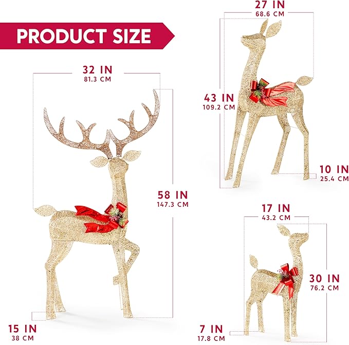 JOYIN Outdoor Christmas Decorations for Yard, 3 Pcs Lighted Christmas Deer Family Set, 3 4 5FT Warm White LED Lights Christmas Yard Decor, 3D Reindeer with Ground Stakes for Lawn Garden Porch Holiday
