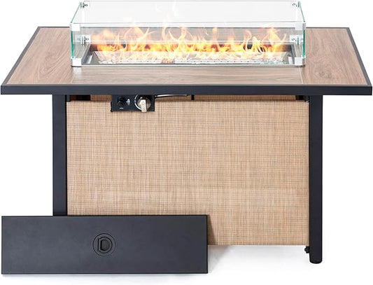 Nuu Garden 43 Inch Propane Fire Pit Table CSA Listed 50000 BTU Gas Fire Pit with Lid Glass Wind Guard and Fire Glass Beads 2 in 1 Rectangular Outdoor Fire Table for Patio Backyard Light Brown