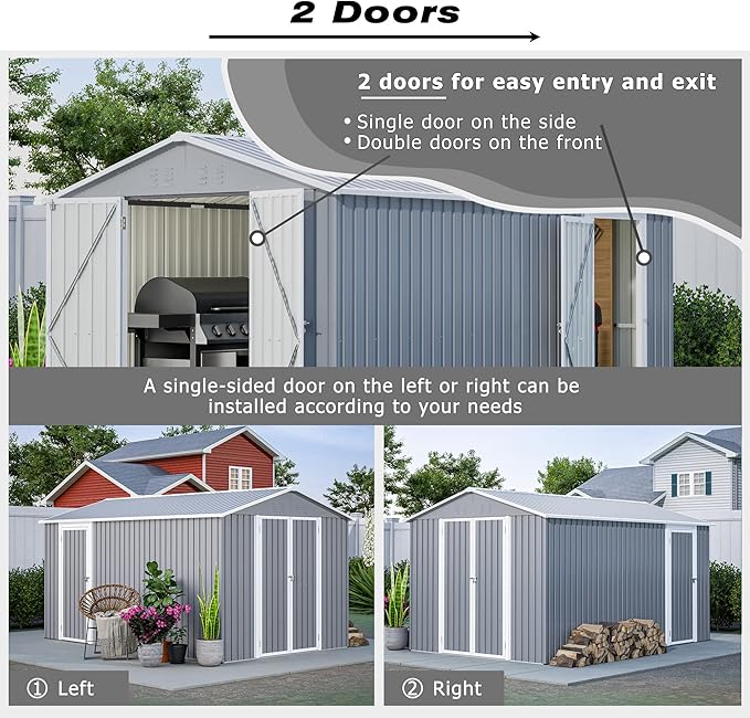 8x12 FT Outdoor Storage Shed with Gable Roof, Lockable Double Doors & Adjustable Side Door, Weatherproof with Frame Floor, Large Metal Utility Shed for Garden, Backyard, Patio