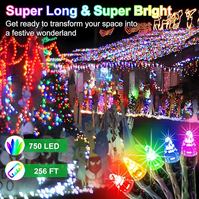 750 LED 256ft Outdoor Christmas Lights, Super Long String Lights 8 Modes Timer Memory, Outsite Waterproof Dark Green Wire Fairy Light Strings for Xmas Tree Wedding Holiday Party Decorations Multicolor
