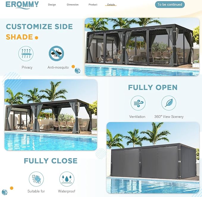 EROMMY Louvered Pergola 12' x 20' Outdoor Hard Top Pergola with Aluminum Frame and Adjustable Metal Rainproof Roof for Garden & Patio, Curtains and Netting Included, Gray-Black