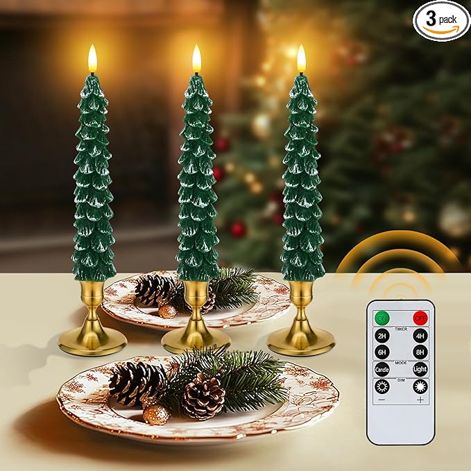 3 Pack Christmas Tree Candles with Remote- Real Wax Flameless Taper Candles, 9.7in Green Candlesticks Battery Operated for Home Table Metal Xmas Holiday Indoor Decorations Gifts