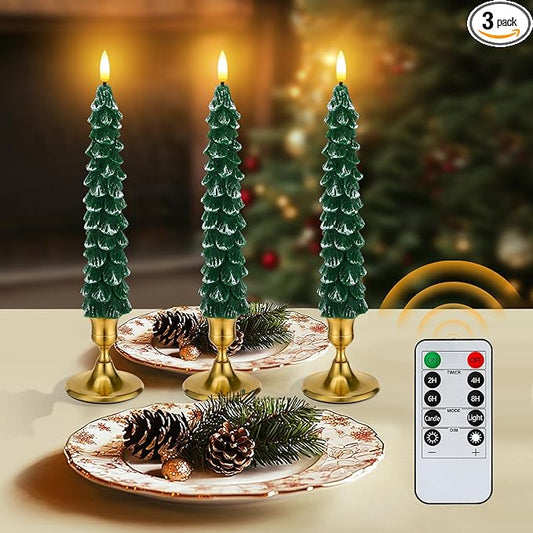 3 Pack Christmas Tree Candles with Remote- Real Wax Flameless Taper Candles, 9.7in Green Candlesticks Battery Operated for Home Table Metal Xmas Holiday Indoor Decorations Gifts
