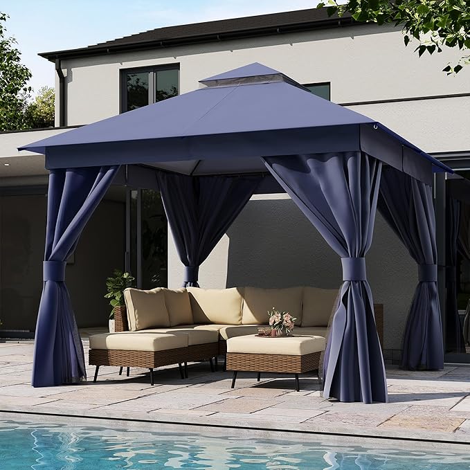 LAUSAINT HOME 10x10ft Outdoor Patio Gazebo with Double Roof, Heavy Duty Waterproof Gazebo Canopy Tent with Mosquito Netting for Backyard, Garden, Lawn & Wedding, Navy Blue