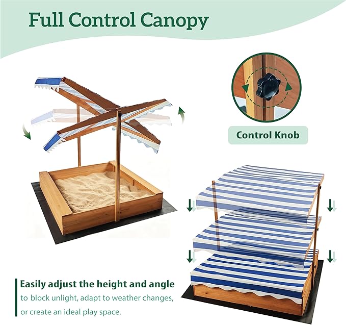 Kids Wooden Sandbox with Adjustable Canopy & Sand Protection Liner ? Large Outdoor Sandpit for Ages 3-8, Backyard/Garden Play Shelter