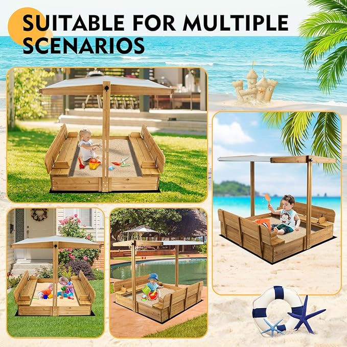 Wooden Kids Sandbox with Lid, Outdoor Sand Box with Adjustable Canopy and Two Foldable Bench Seats, Sandbox with Cover for Beach, Backyard, Bottom Liner & UV-Resistant, Gift for Kids Age 2-8, 47''