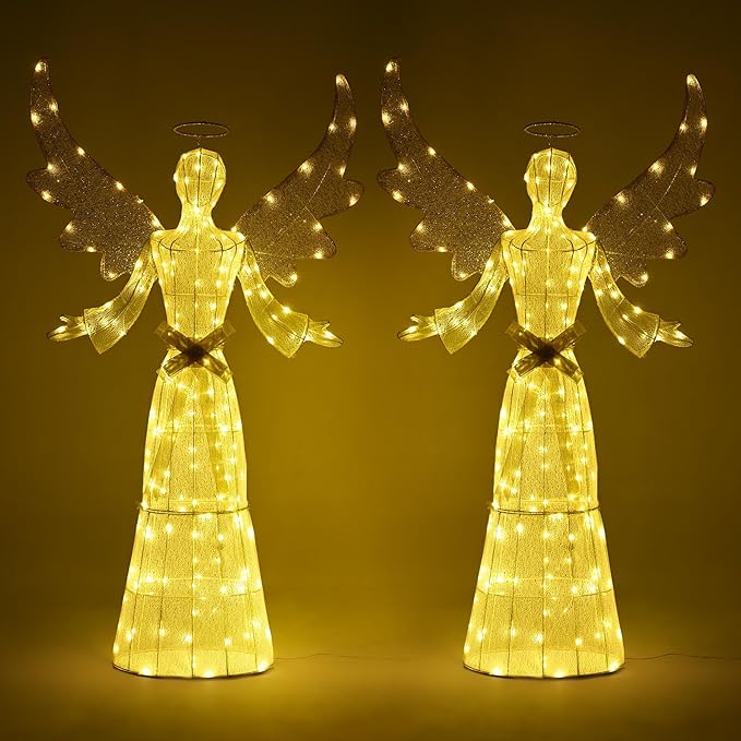 Yescom 2pcs 5.6ft 3D Pre-lit Lighted Outdoor Angel 120V Christmas Decor LED Artificial Holiday Display Sign for Patio Lawn Deck Yard Garden Event with Ground Stakes Warm White, 2025Large Crystal Mary