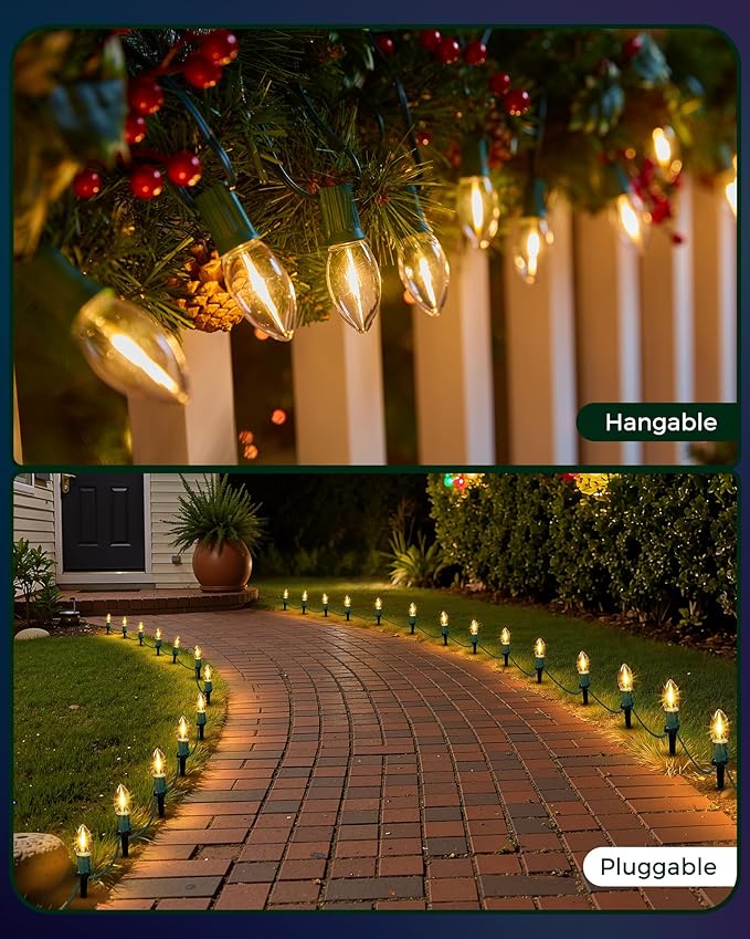 C9 Christmas Lights, 51.4ft Christmas Pathway Lights Outdoor with 40 LED Bulbs and Stakes, Connectable Waterproof String Lights for Path Driveway Sidewalk Lawn Yard Holiday Decorations, Warm White