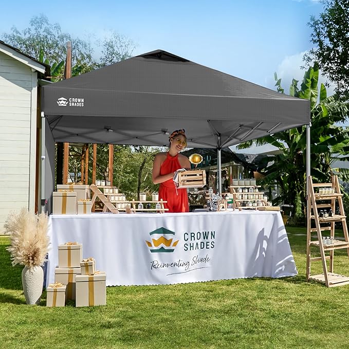 CROWN SHADES 10x10 Pop Up Canopy with 1 Side Wall - Beach Tent with One Push Setup - Outdoor Sun Shade for Events, Parties, Camping - Gazebo with STO-N-Go Cover Bag (Grid Grey)