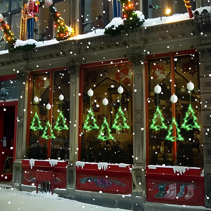 3Pcs Battery Powered LED Christmas Tree Shaped Window Lights - Green Sucker Lamps for Xmas Decor Indoors and Outdoors