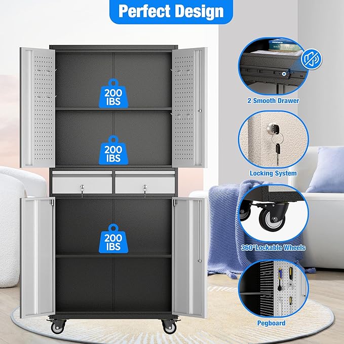 Aobabo 71 H 2 Drawer Metal Storage Cabinet with Wheels and 4 Pegboards,Lockable Steel Garage Storage Cabinet with 2 Adjustable Shelves,Black Sliver,Assembly Required