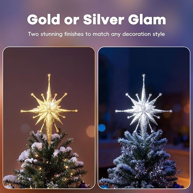 2025 Upgraded Christmas Tree Topper Projector Light with Rotating Bright LED & Wide Coverage, Universal Fit for Any Height Tree, Easy Install, Stable Base, Holiday & Party Decorations (Frosted Silver)