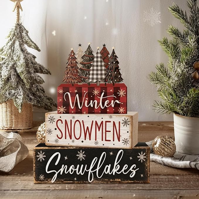 4 Pcs Christmas Decorations Indoor - Wooden Christmas Tree Table Decoration for Home - Holiday Centerpiece For Table - Winter Tiered Tray Decor Rustic Farmhouse Xmas Gift for Home Kitchen Mantel