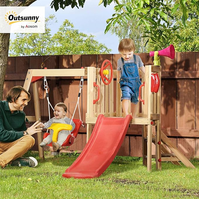 Outsunny Swing Set for Backyard, Wooden Toddler Outdoor Playset with Baby Swing Seat, Kids Slide, Fort, Playground Equipment with Captain's Wheel, Telescope for Ages 1.5-4, Red