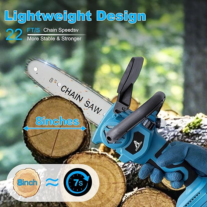 Mini Chainsaw Cordless 8 Inch with 2x 5200mAh Batteries, Portable Electric Chain Saw, Automatic Oiler, Battery Powered Small Handheld Saw,Trees Branches Trimming, Wood Cutting (Blue)