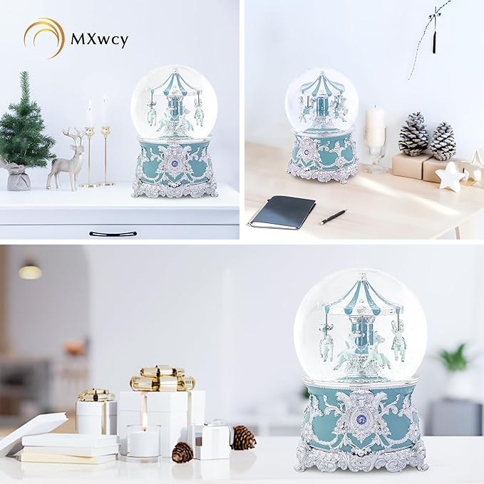 Carousel Music Box Moose Silver & Mint Christmas Snow Globes, 7.1" Rotate Carousel Snow Globe for Kids & Adults, Classic Wind up Musical Snow Globe Birthday Gifts for Women Girls, Carousel Home Decor