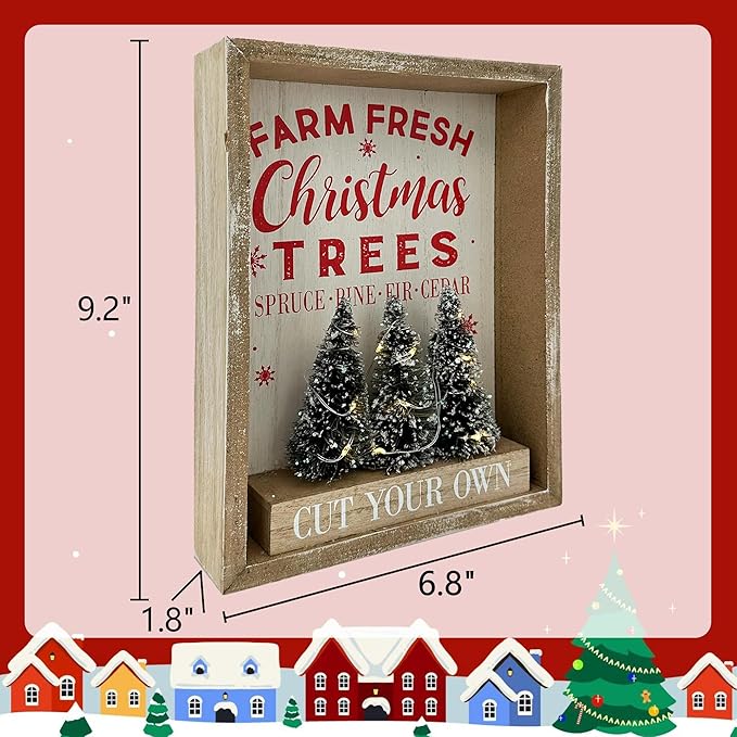 Christmas Decorations for Home Farmhouse LED Lighted Farm Fresh Christmas Tree Decor with Timer Wooden Table Winter Sign Winter Vintage Holiday Block Vintage Holiday Block Xmas Party Decor