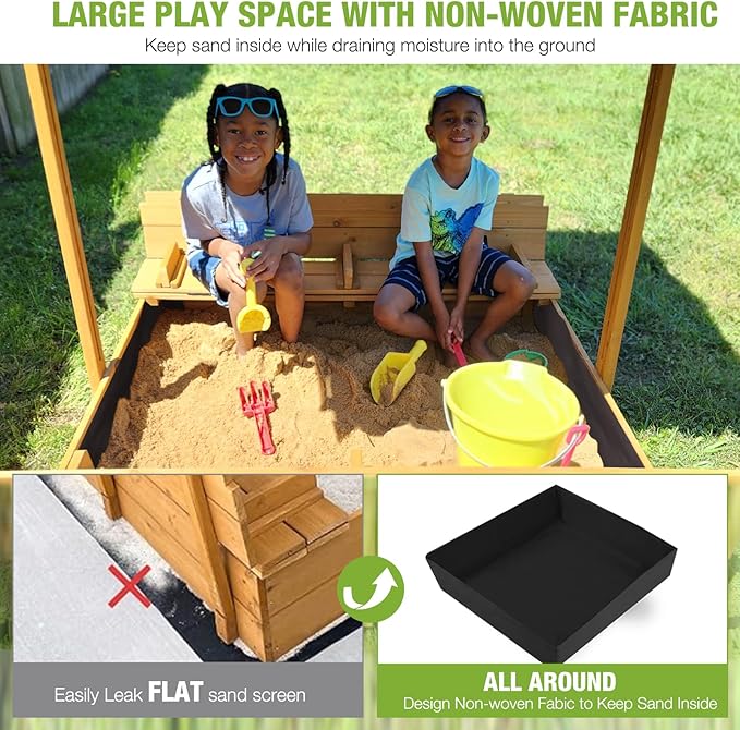 GUTINNEEN Sandbox with Lid and Cover for Kids Outdoor with 2 Foldable Bench Seats, Adjustable Canopy and Sand Protection Liner, 47.2 L x 47.2 W x 51.9 H