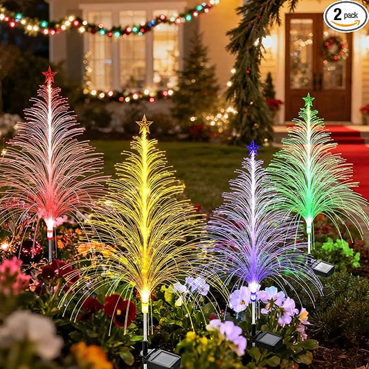 2 Packs Christmas Tree Solar Garden Light with Multi-Colored Change, Auto ON/Off Outdoor Yard Light, Solar Lighting for Garden, Porch, Christmas and Festival Decoration (L_Size)